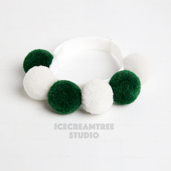 Green White PomPom Necklace - Elastic Pet Collar