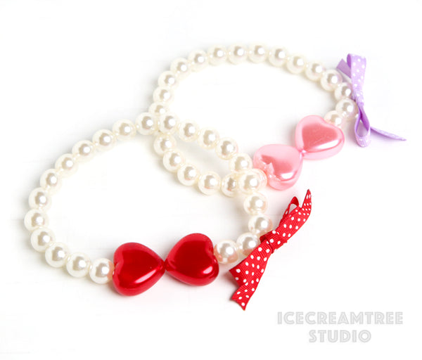 Red Pink Hearts Pearl Necklace - Elastic Pet Necklace