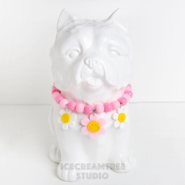 Pink Smile Daisy with Baby Pink Rose Beads Pet Necklace & Human Matching Bracelet Set