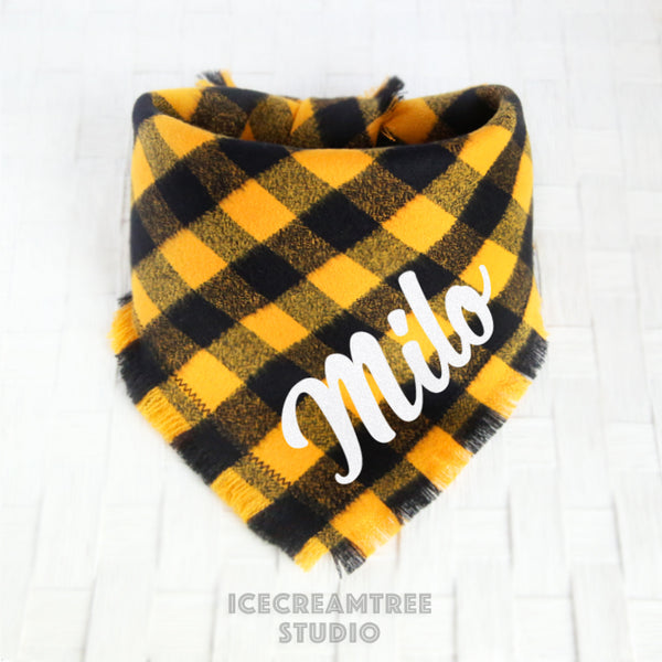 Black Yellow Buffalo Plaid Bandana - Tie on Classic Flannel Pet Bandana Scarf