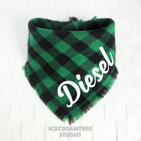 Black Green Buffalo Plaid Bandana - Tie on Classic Flannel Pet Bandana Scarf