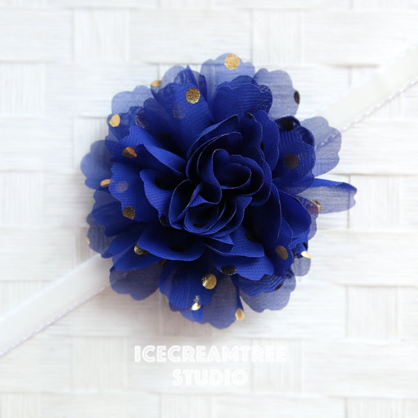Jumbo Navy Blue Gold Dot Bloom Collar Slide On - Large Flower Collar Accessory