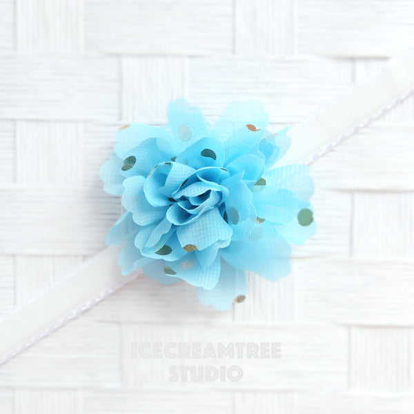 Little Light Blue Gold Dot Bloom Collar Slide On - Small Flower Collar Accessory