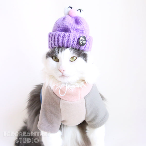 Muted Color Block Fleece Sweater and Beanie Urban Look Outfit - Pet Clothing