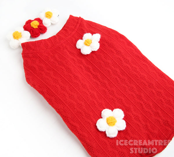 Puffy Red Daisy Look Outfit - Pet Clothing