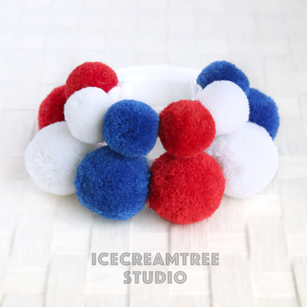 Red White Blue PomPom Necklace - Elastic Pet Collar