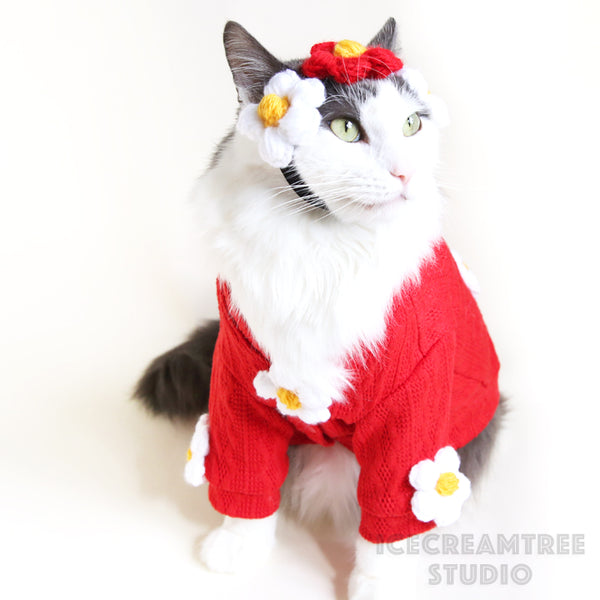 Puffy Red Daisy Look Outfit - Pet Clothing
