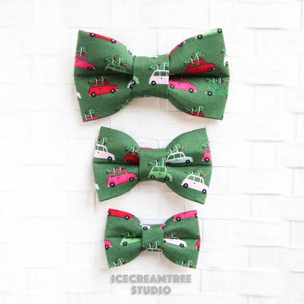 Green Christmas Tree on Little Car Bow - Collar Slide on Bow