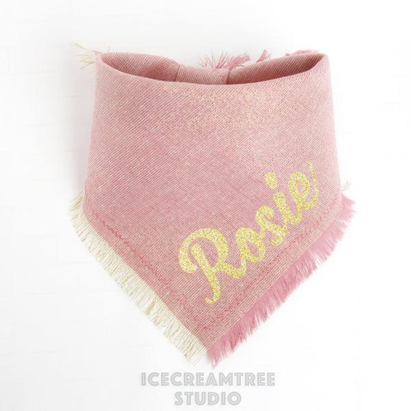 Rose Pink Gold Sparkle Linen Bandana - Tie on Classic Linen Pet Bandana Scarf