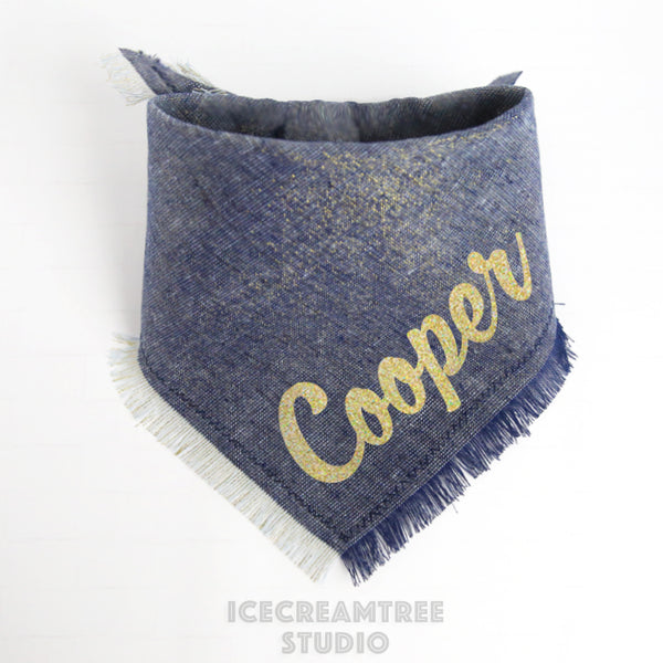 Navy Gold Sparkle Linen Bandana - Tie on Classic Linen Pet Bandana Scarf