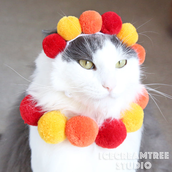 Blue Yellow PomPom Necklace - Elastic Pet Collar