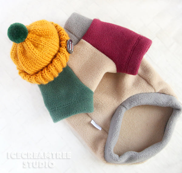 Color Block Fleece Sweater and Beanie Urban Look Outfit - Pet Clothing