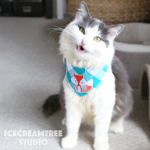 Turquoise Gingham Check Foxy Bandana - Tie on Modern Pet Bandana Scarf