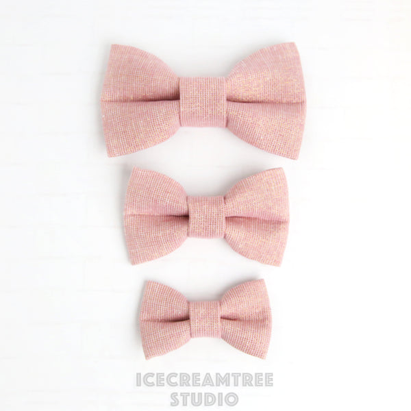 Rose Pink Gold Sparkle Linen Bow - Collar Slide on Bow