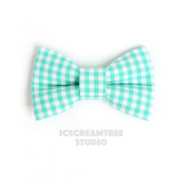 Aqua Mint Gingham Check Bow - Collar Slide on Bow