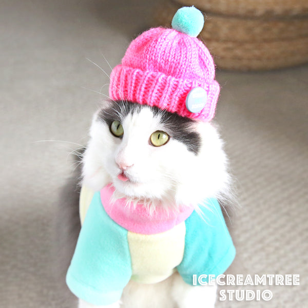 Pastel Color Block Fleece Sweater and Beanie Outfit - Pet Clothing