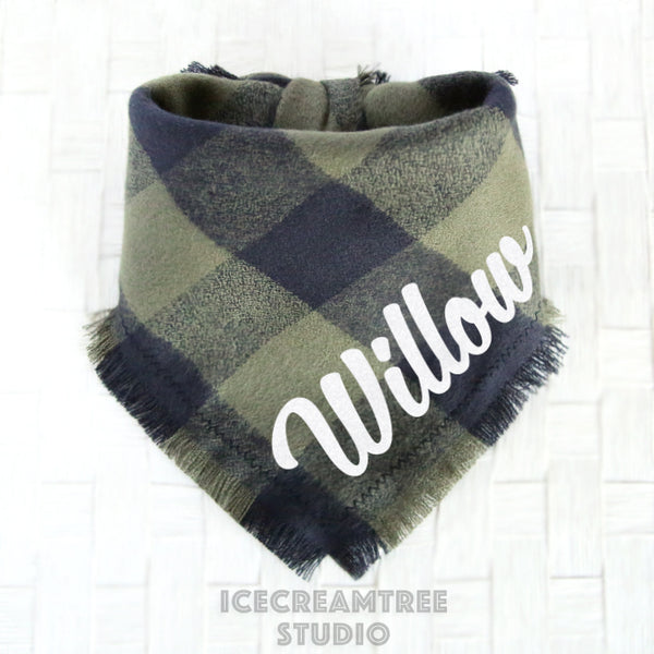 Olive Green Black Buffalo Plaid Bandana - Tie on Classic Flannel Pet Bandana Scarf