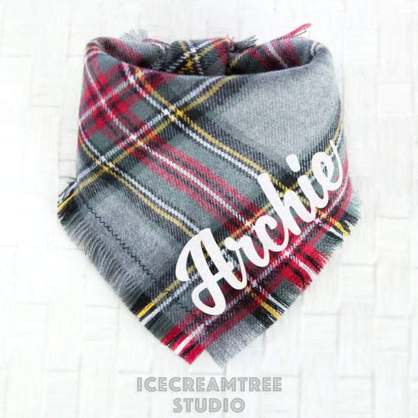 Winter Gray Plaid Bandana - Tie on Classic Flannel Pet Bandana Scarf