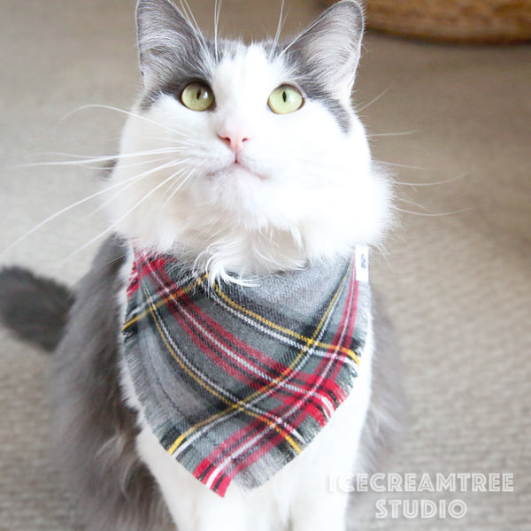 Winter Gray Plaid Bandana - Tie on Classic Flannel Pet Bandana Scarf