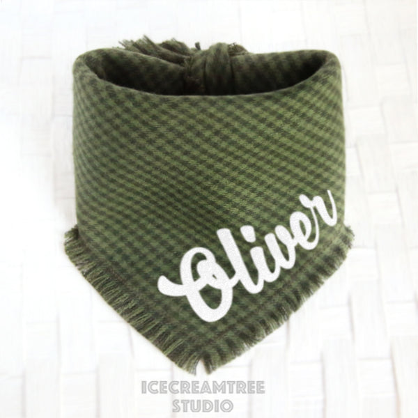 Dark Moss Green Houndstooth Bandana - Tie on Classic Flannel Pet Bandana Scarf