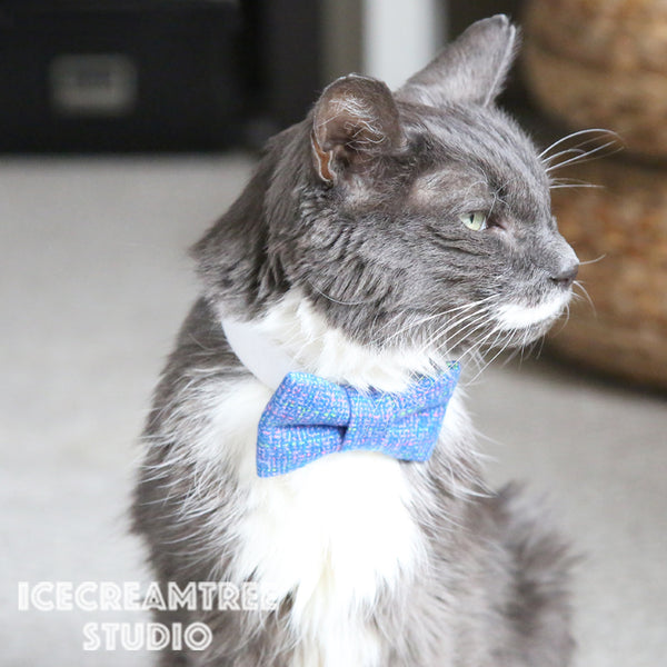 Flannel Blue Purple Tweed Bow - Collar Slide on Bow