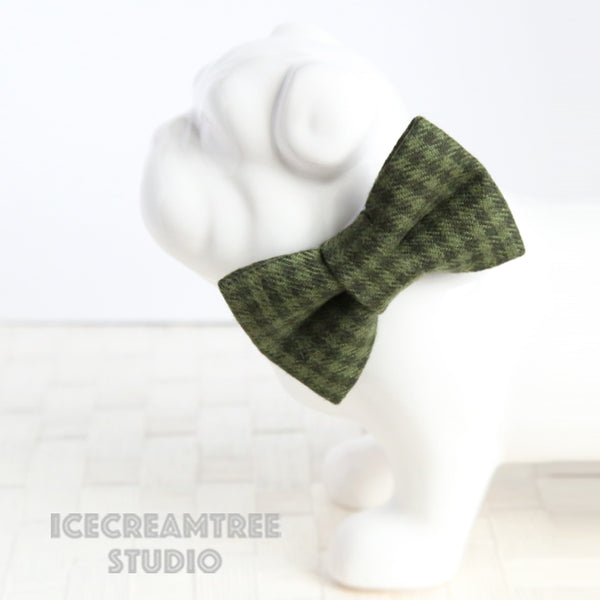 Flannel Dark Moss Green Houndstooth Bow - Collar Slide on Bow