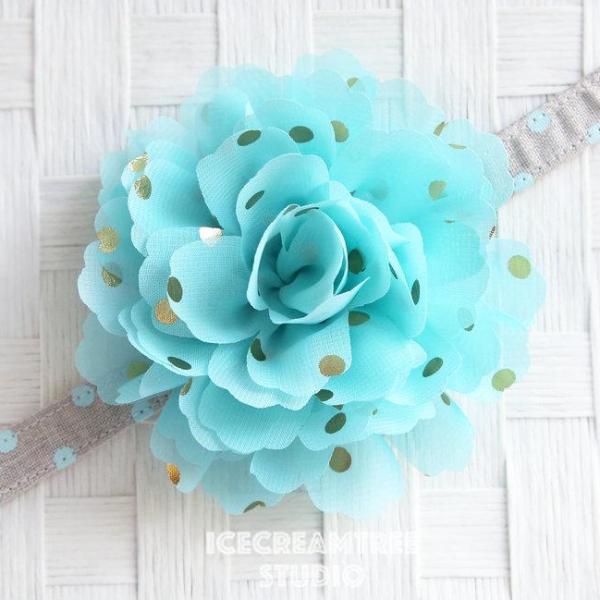 Jumbo Aqua Gold Dot Bloom Collar Slide On - Large Flower Collar Accessory