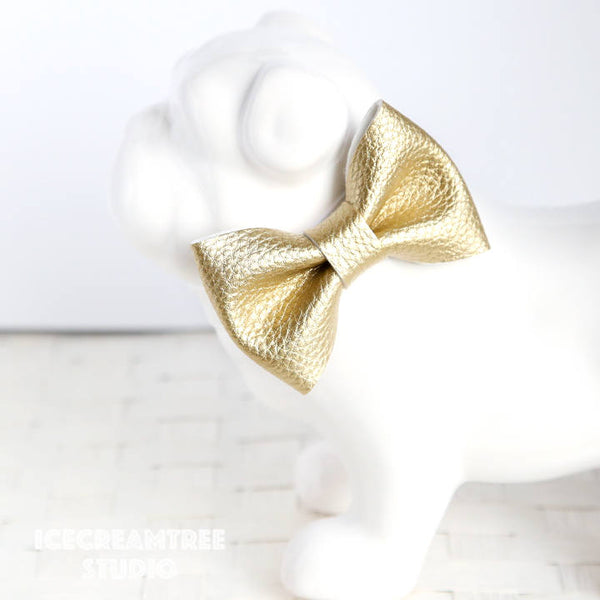 Faux Leather Metallic Gold Bow - Collar Slide on Bow