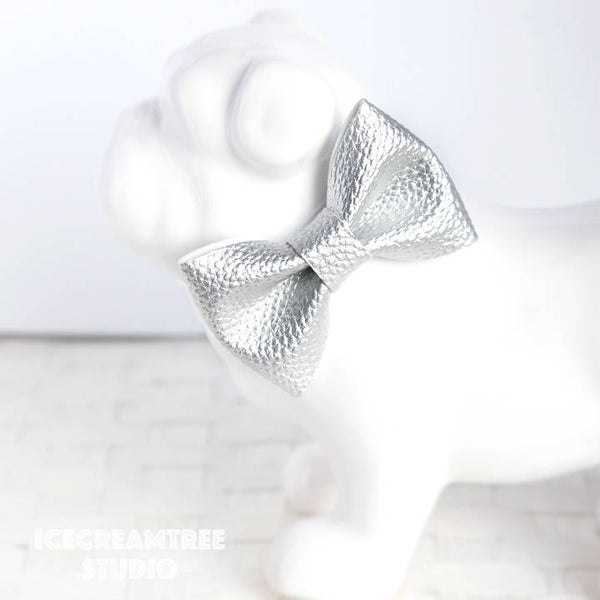 Faux Leather Metallic Silver Bow - Collar Slide on Bow
