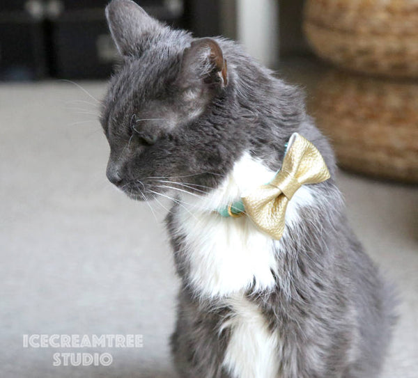 Faux Leather Metallic Silver Bow - Collar Slide on Bow