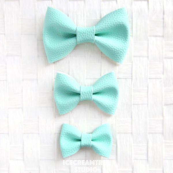 Faux Leather Aqua Mint Bow - Collar Slide on Bow