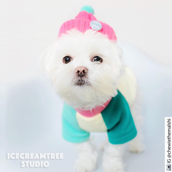 Pastel Color Block Fleece Sweater and Beanie Outfit - Pet Clothing