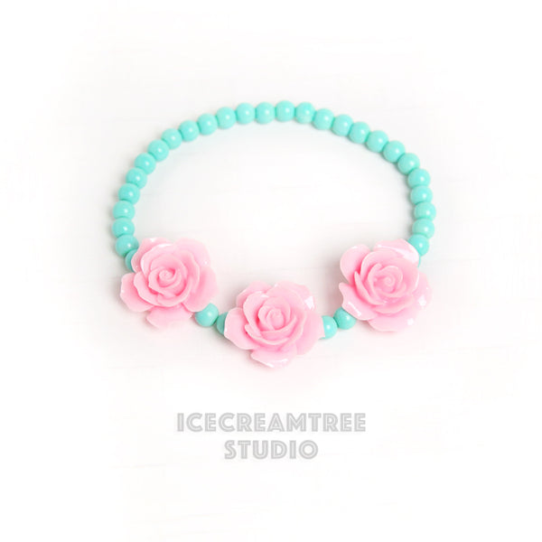 3 Pink Roses with Aqua Mint Beads Necklace - Elastic Pet Collar