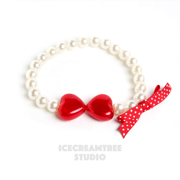 Red Pink Hearts Pearl Necklace - Elastic Pet Necklace