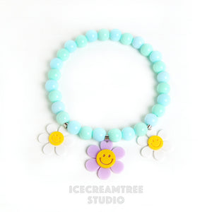 Lavender Smile Daisy with Aqua Mint Blue Beads Pet Necklace & Human Matching Bracelet Set