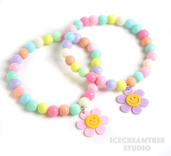 Smile Daisy with Pastel Beads Pet Necklace & Human Matching Bracelet Set