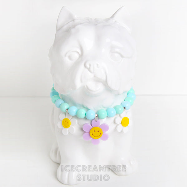 Lavender Smile Daisy with Aqua Mint Blue Beads Pet Necklace & Human Matching Bracelet Set