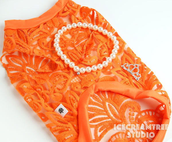 Orange Sequin Mesh Top Outfit Set - Pet Clothing