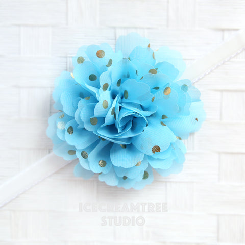 Jumbo Light Blue Gold Dot Bloom Collar Slide On - Large Flower Collar Accessory