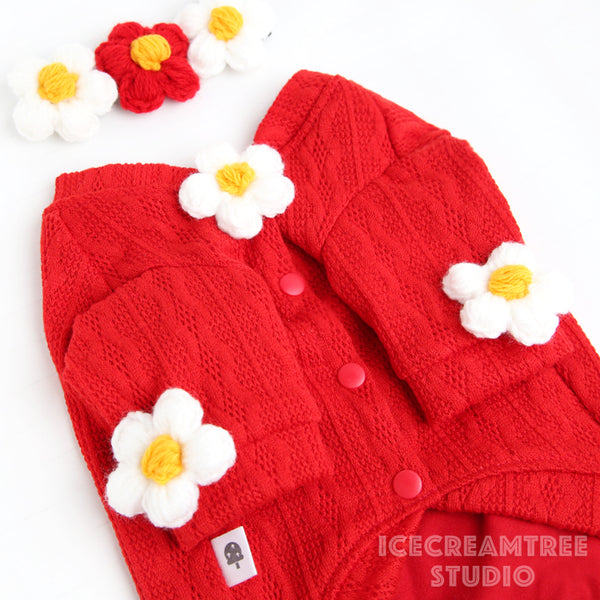 Red Puffy Daisy Necklace - Elastic Pet Collar