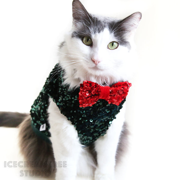 Holiday Pine Green Sequin Bow - Collar Slide on Bow
