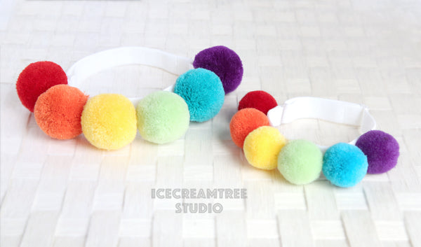 Rainbow PomPom Necklace - Elastic Pet Collar