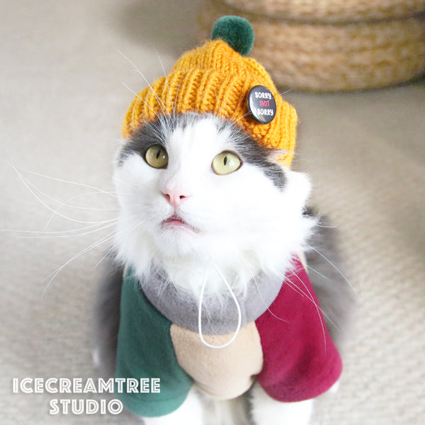Pastel Color Block Fleece Sweater and Beanie Outfit - Pet Clothing