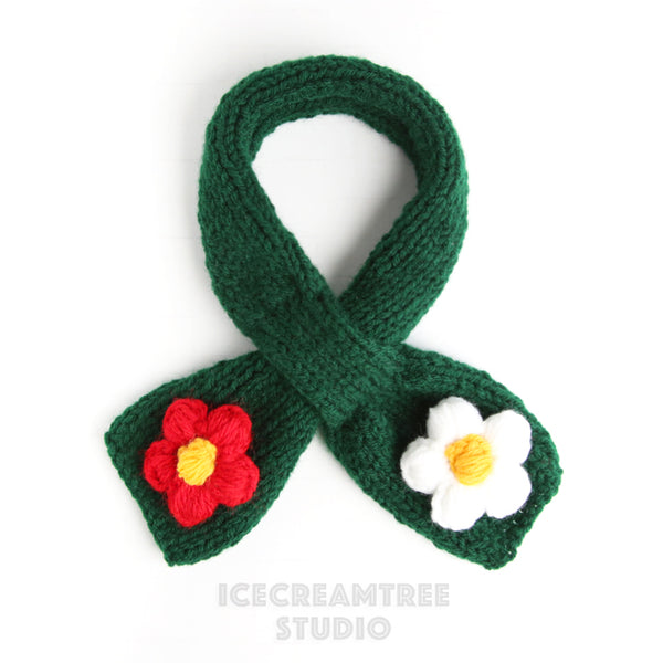 Hand Knitted Green Scarf with Puffy Daisys - Mini Scarf