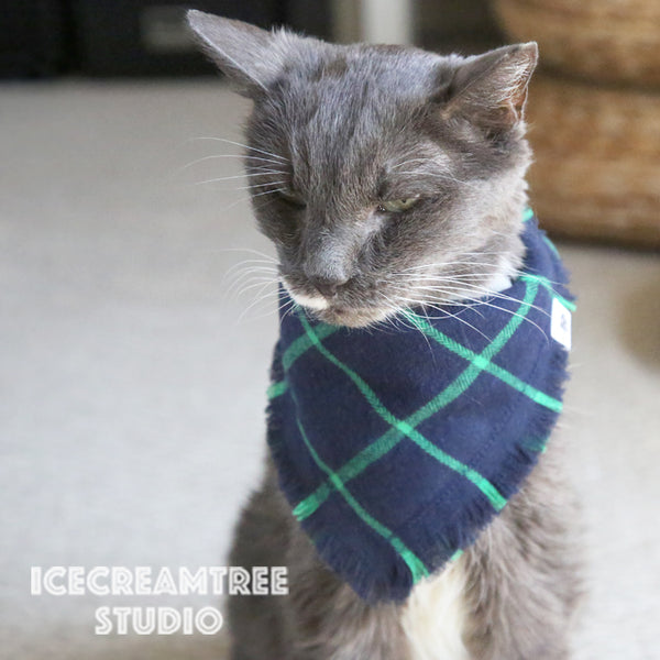 Navy Green Plaid Bandana - Tie on Classic Flannel Pet Bandana Scarf