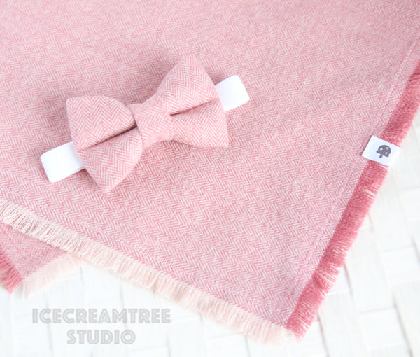 Flannel Soft Pink Herringbone Bow - Collar Slide on Bow
