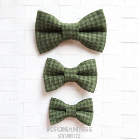 Flannel Dark Moss Green Houndstooth Bow - Collar Slide on Bow