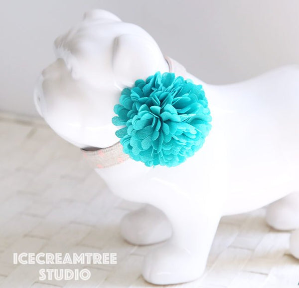 PomPom Turquoise Bloom Collar Slide On - Small Flower Collar Accessory
