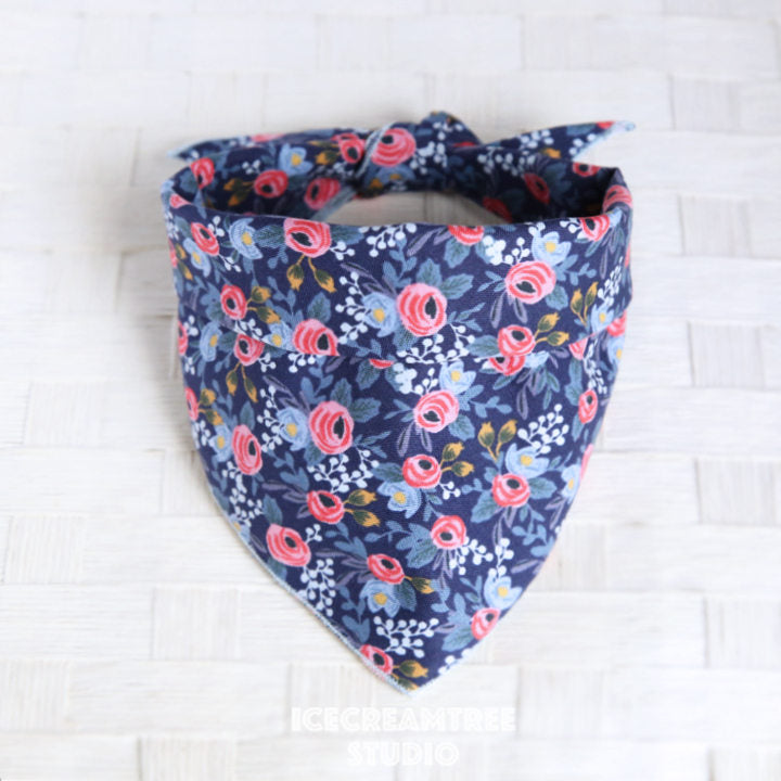 Navy Les Fleurs Rosa Bandana - Tie on Classic Pet Bandana Scarf