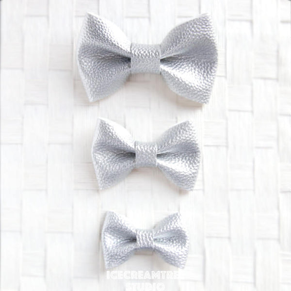 Faux Leather Metallic Silver Bow - Collar Slide on Bow